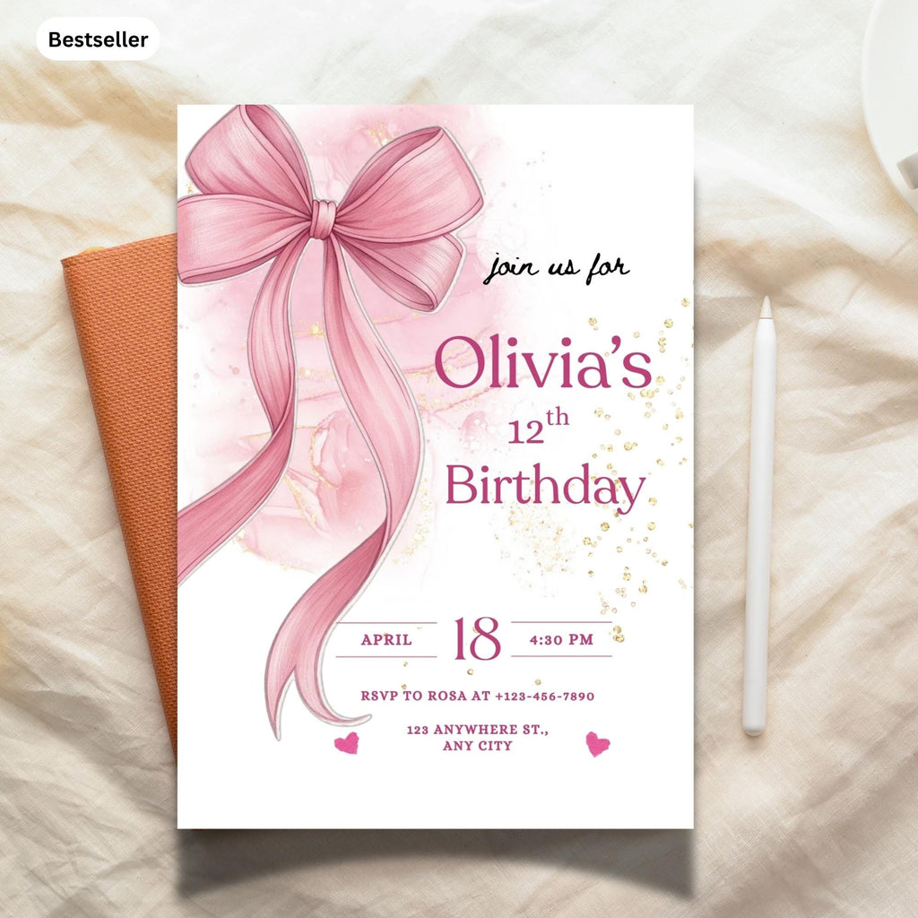 Pink Bow Birthday Invitation, Coquette Birthday Party Invite, Elegant Birthday Template Canva