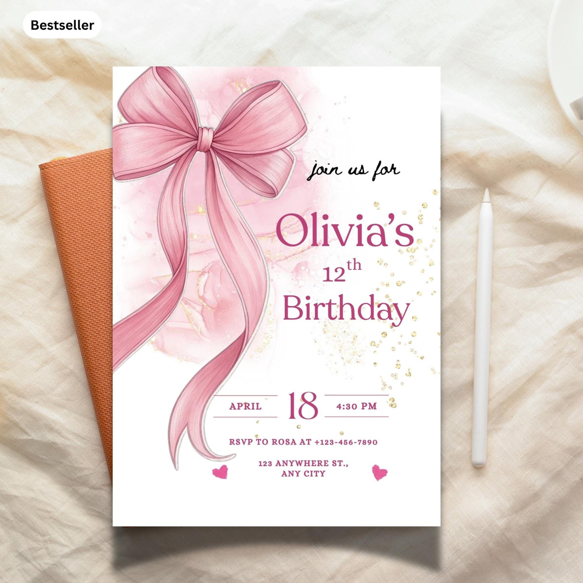 Pink Bow Birthday Invitation, Coquette Birthday Party Invite, Elegant Birthday Template Canva