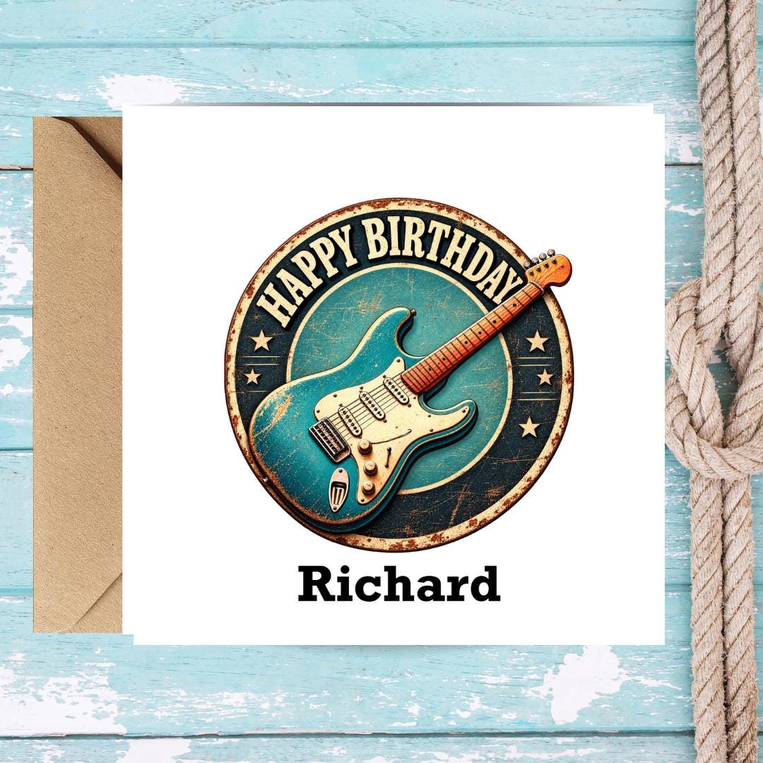 Personalized Guitar Music Birthday Card, Custom Name Guitar Card for Brother, Friend, Son, Grandson