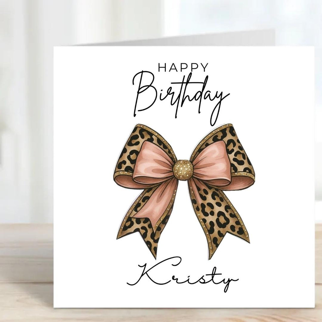 Personalized Leopard Print Birthday Card With Custom Name, Pink Bow design