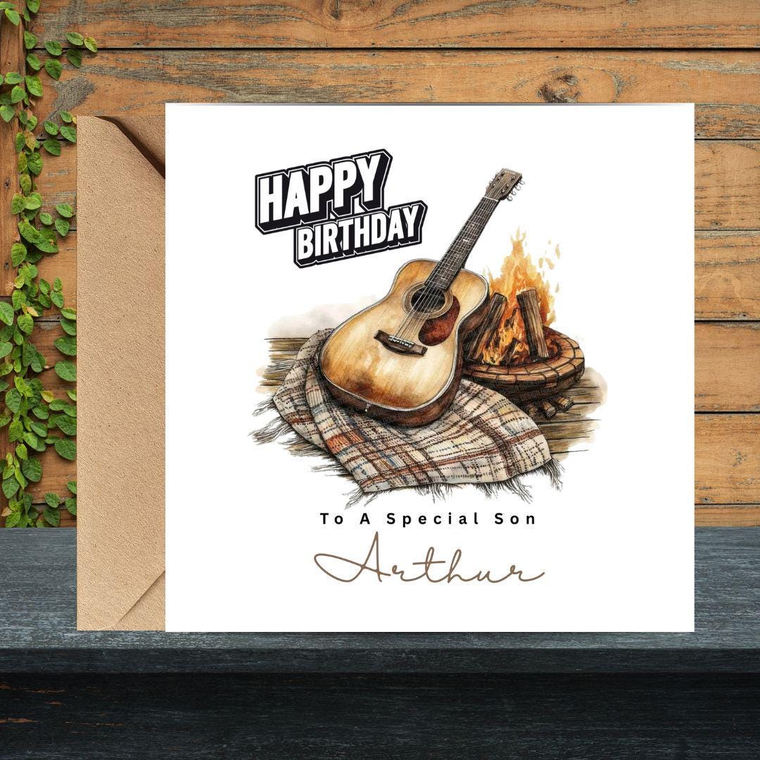 Personalized Acoustic Guitar Birthday Card, Custom Name & Relationship Birthday Card For Son Grandson Husband Him