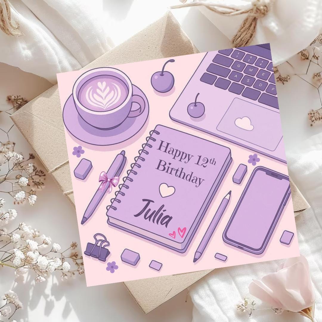 Personalized 12th Birthday Card, Girly Purple, Daughter Sister Granddaughter