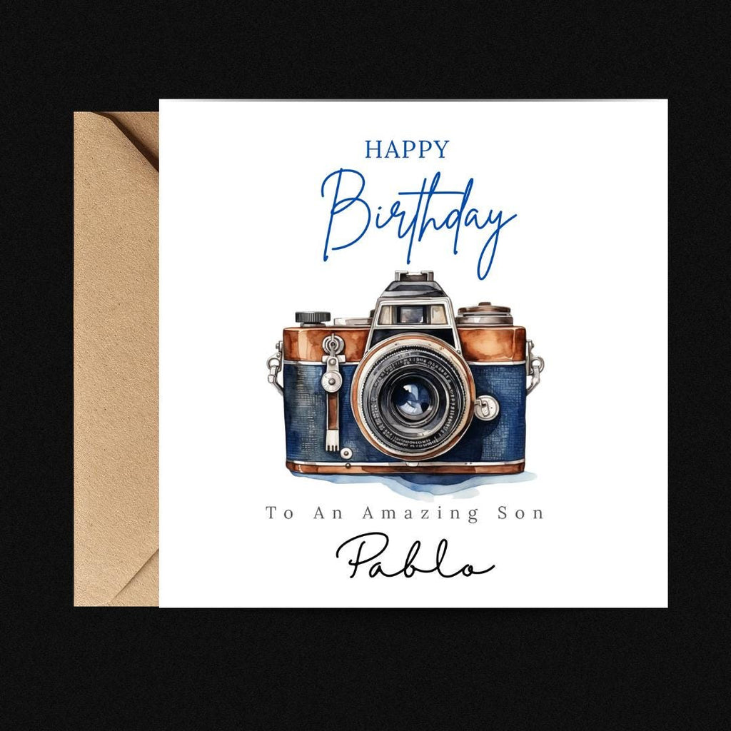 Personalised Birthday Card For Photographer Son Grandson Friend, DSLR Camera Minimalist Cards
