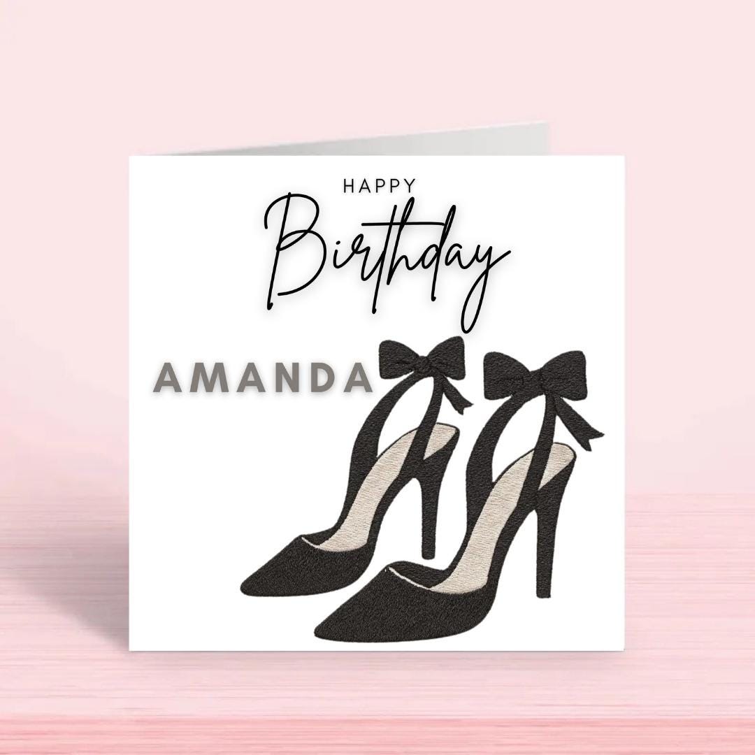 Personalised Birthday Card for Her Custom Name, Elegant Luxury High Heel Black Bow Shoes