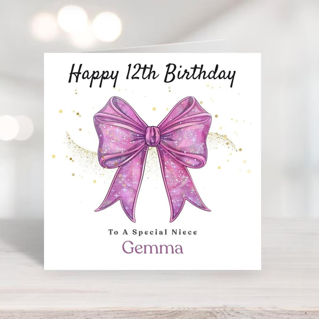 Personalized 12th Birthday Card, Pink Coquette Bow, Gold Sparkles, Daughter Sister Keepsake