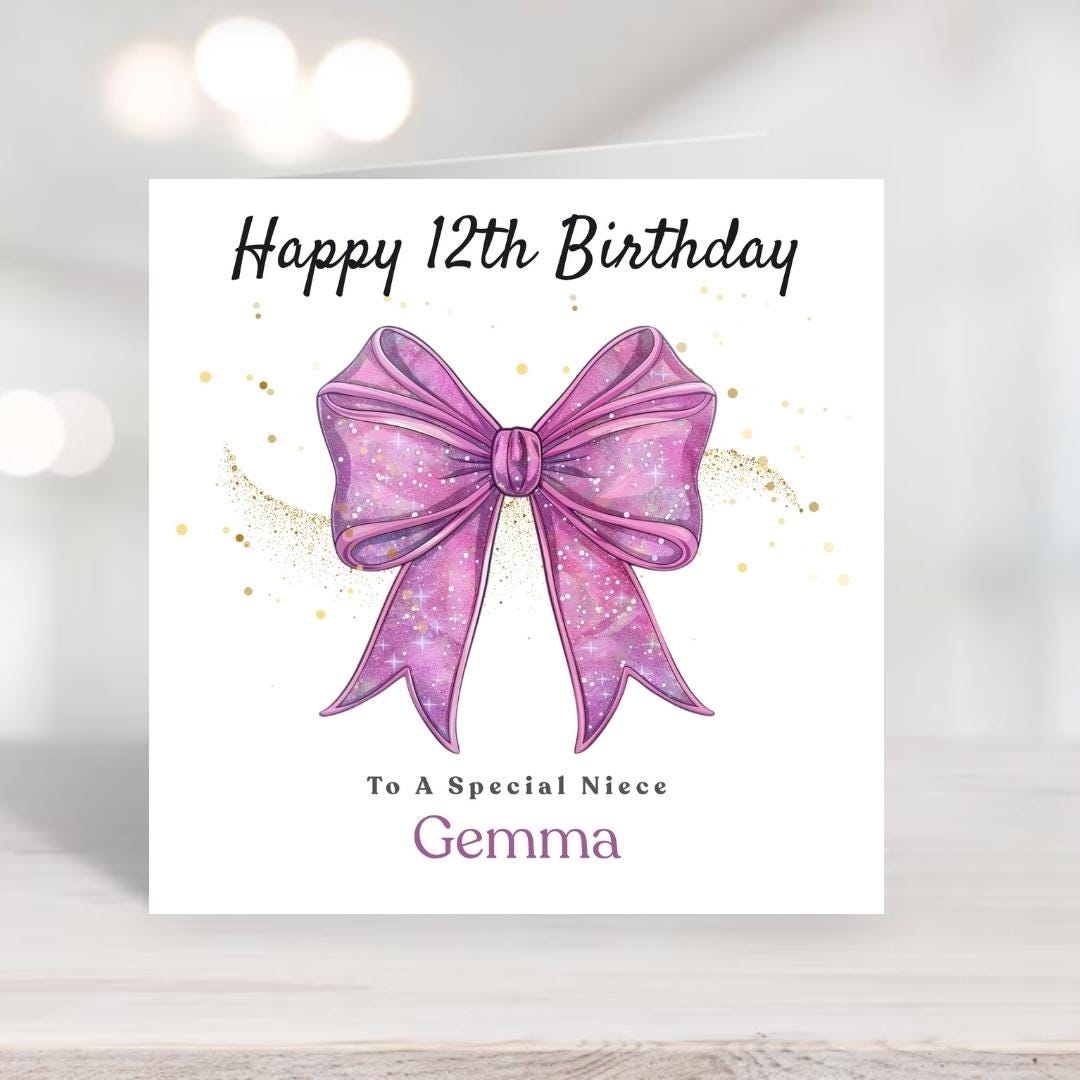 Personalized 12th Birthday Card, Pink Coquette Bow, Gold Sparkles, Daughter Sister Keepsake