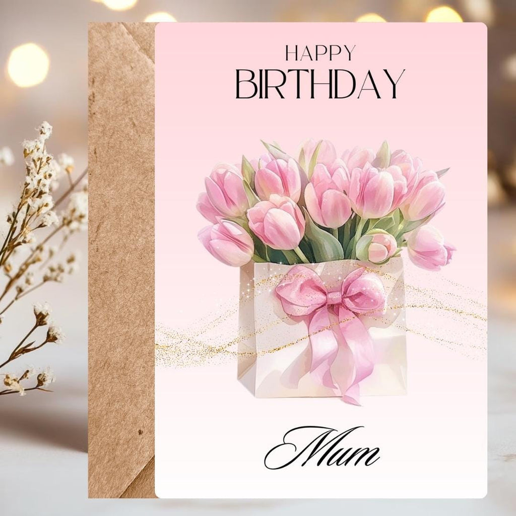 Personalized Floral Pink Tulips Birthday Card For Mum, Elegant Mothers Birthday Gift