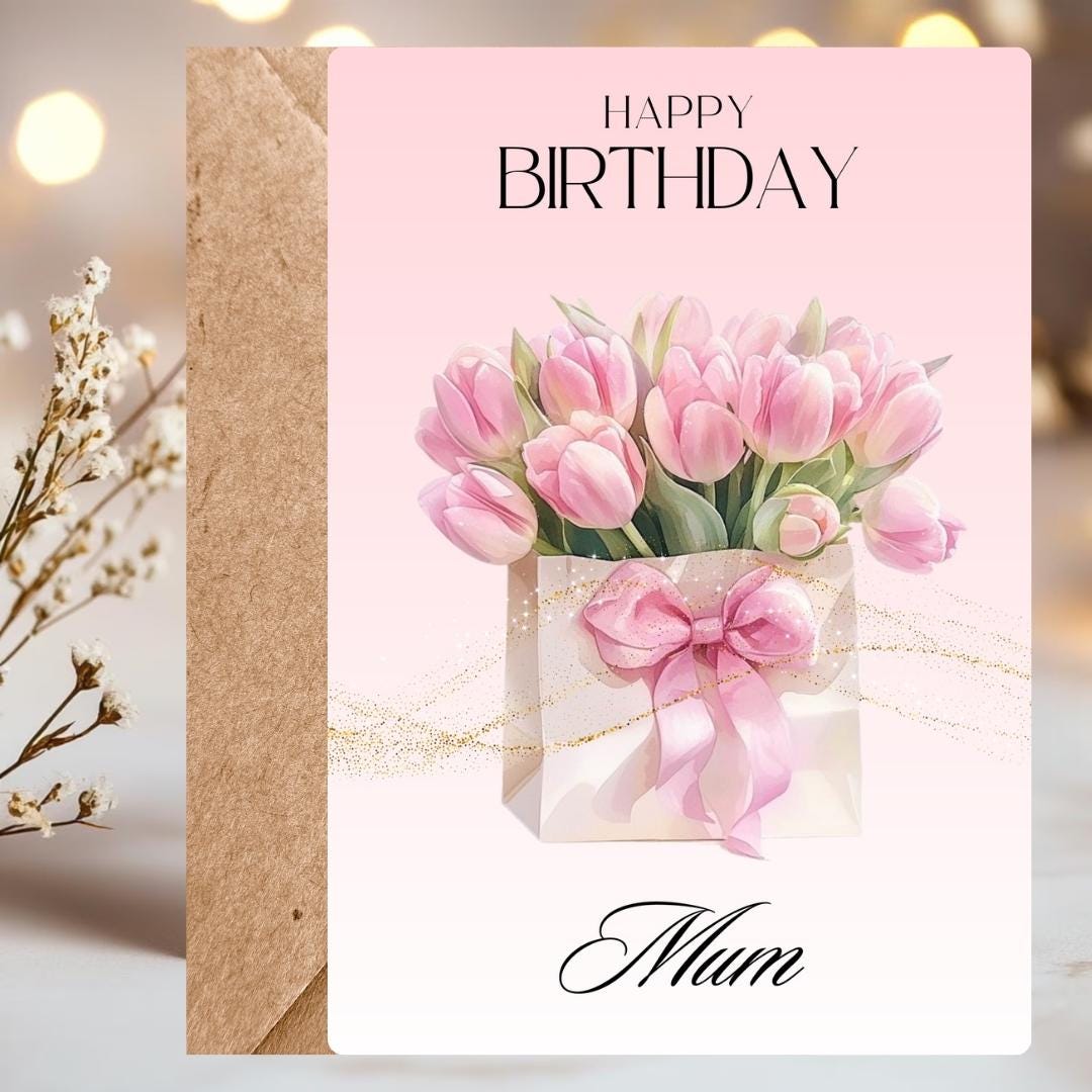Personalized Floral Pink Tulips Birthday Card For Mum, Elegant Mothers Birthday Gift