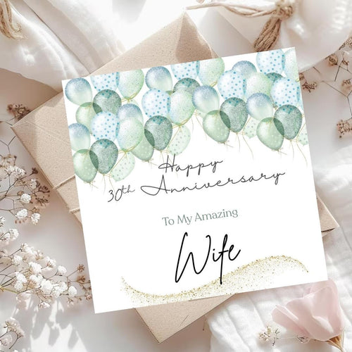 30th Anniversary Card for Wife – Soft Green Balloons, Romantic Personalized Greeting