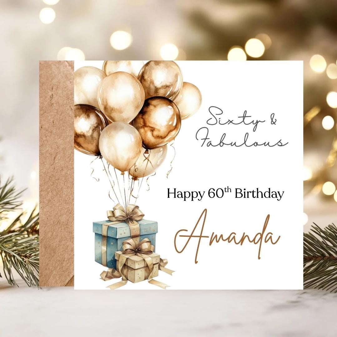 Personalised 60th Birthday Card For Mum, Sister – Gold Balloons, Custom Name Female Birthday Cards