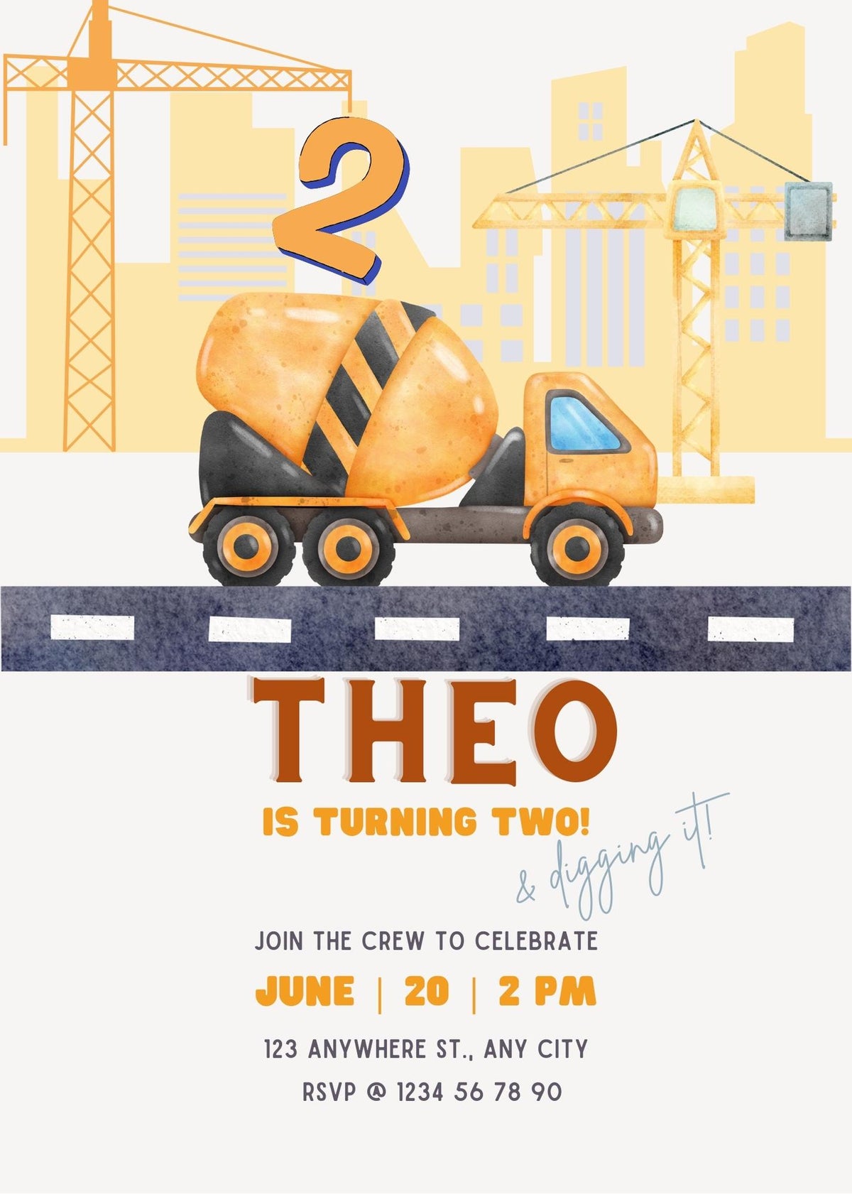 Construction Truck Birthday Invitation: Editable Digger Party Invite (Digital Download 5x7in Template)