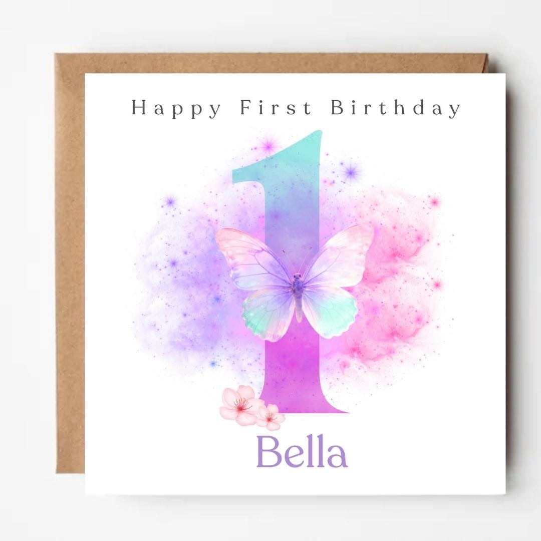 Personalized 1st Birthday Card For Granddaughter, Rainbow Butterfly Floral Design Age Birthday Cards