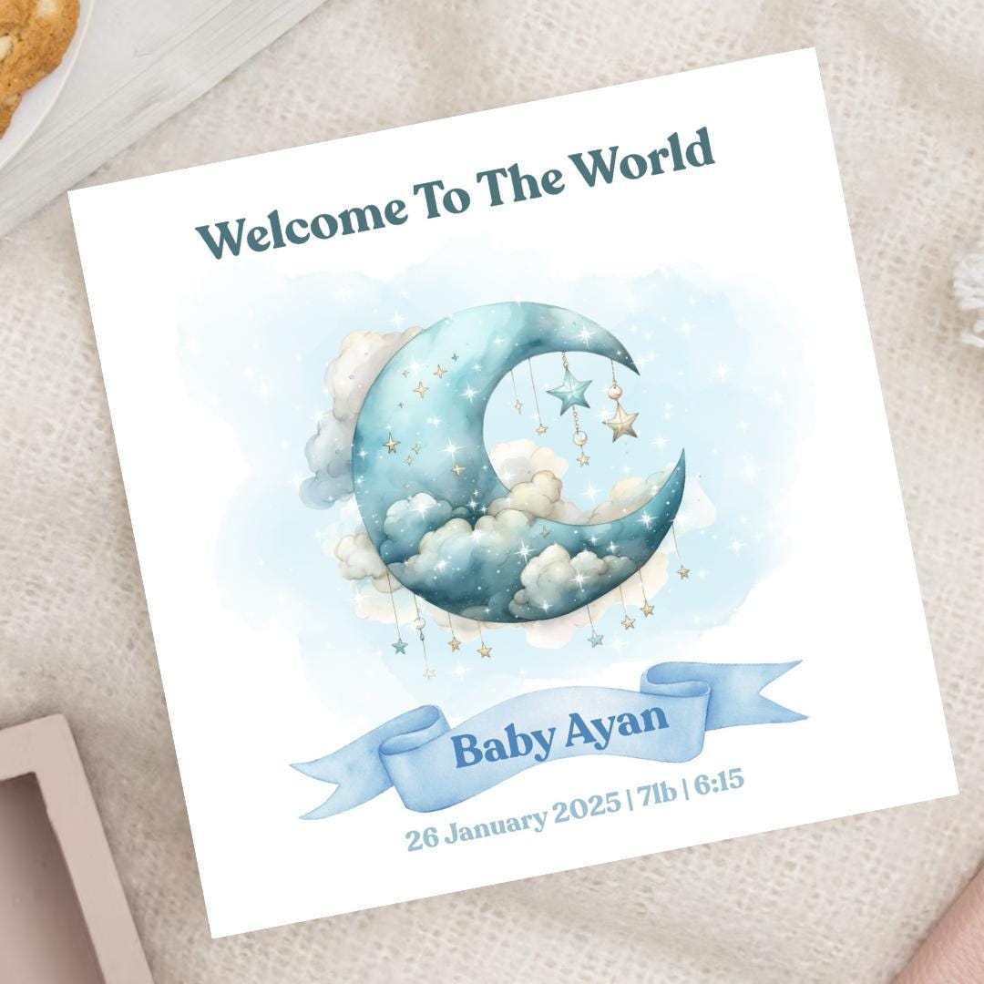 Personalized Baby Boy Card, Welcome to the World, Soft Blue Palette