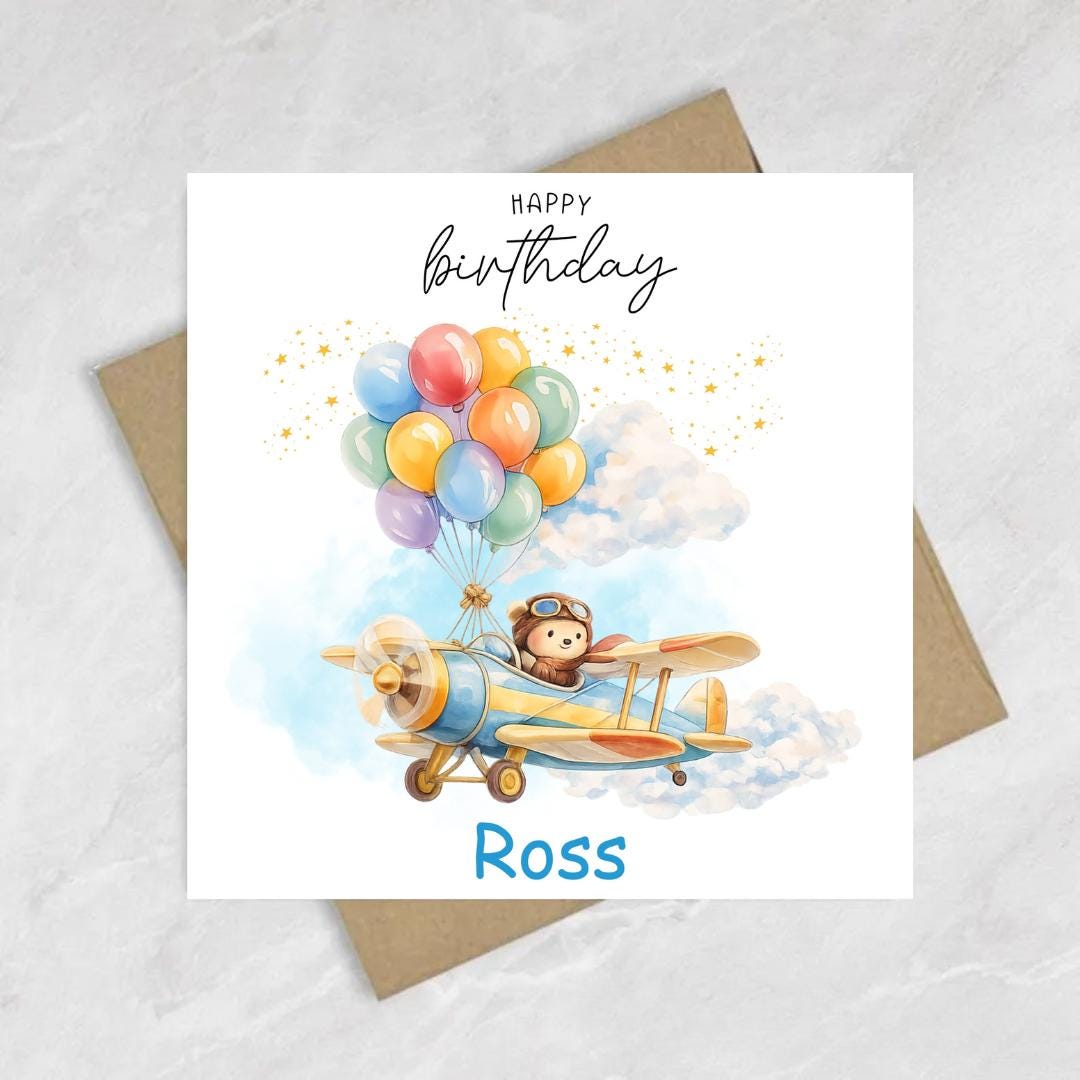 Personalized Plane Birthday Card, Kids Name Card