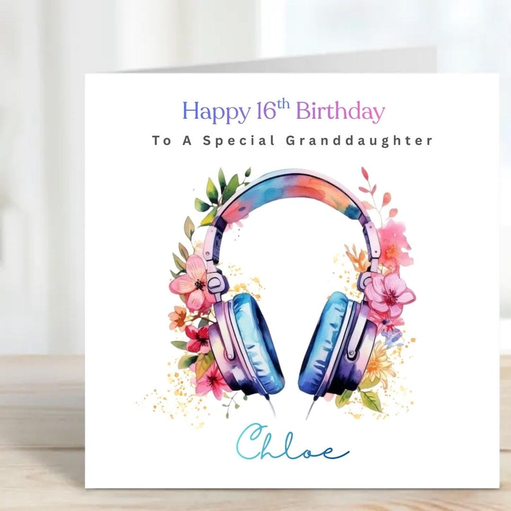 Personalized 16th Birthday Card, Music Lover Headphones, Custom Name Cards For Daughter