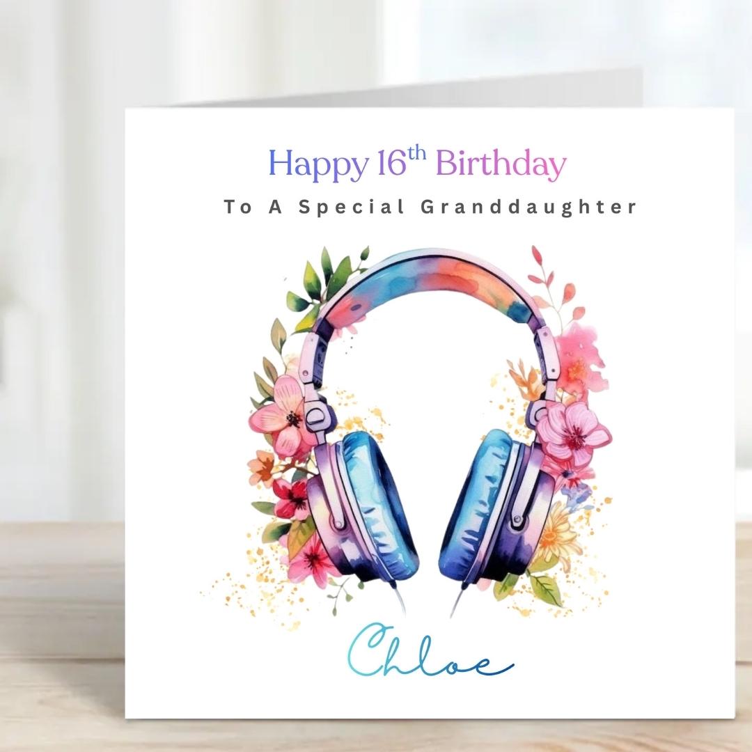 Personalized 16th Birthday Card, Music Lover Headphones, Custom Name Cards For Daughter
