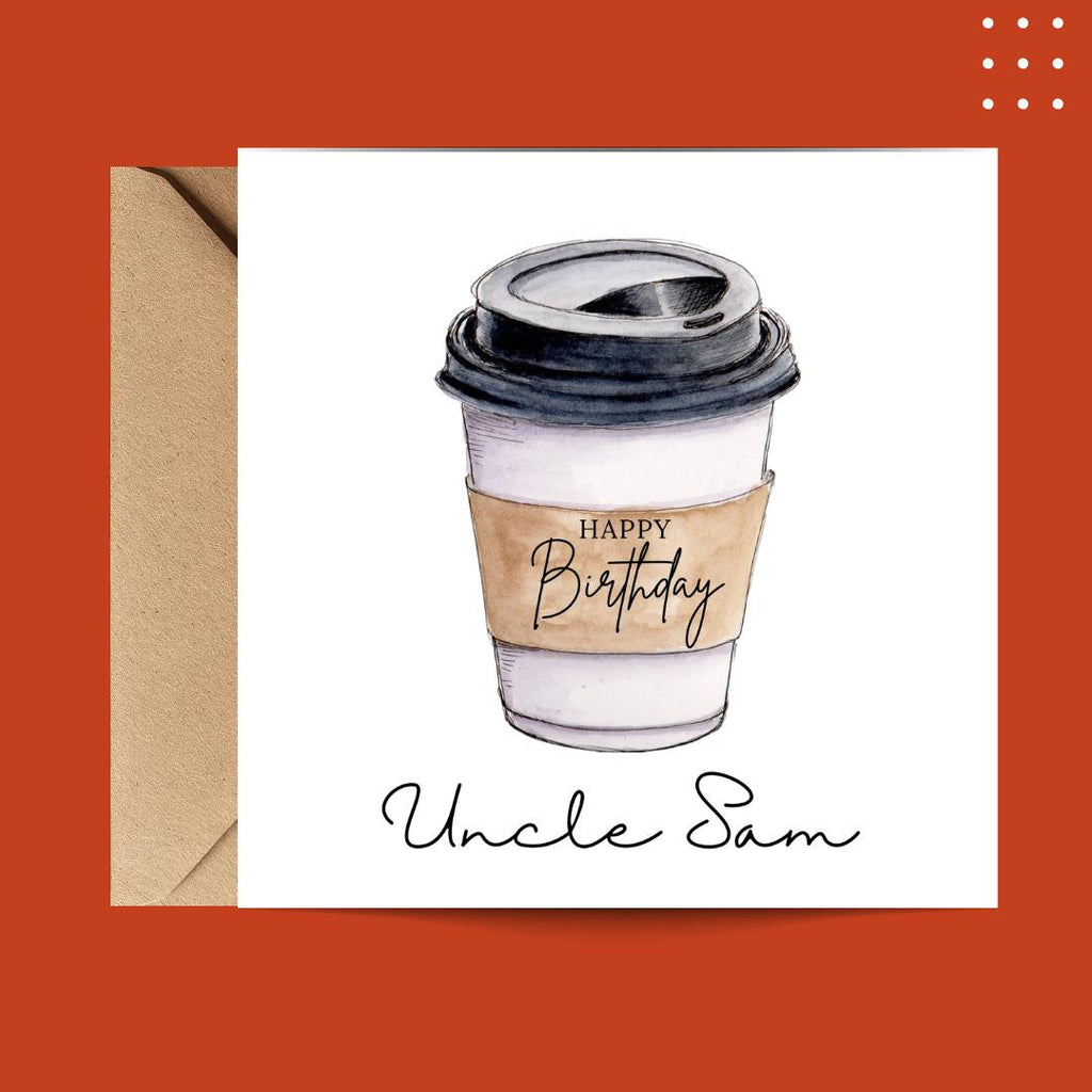 Personalised Minimalist Coffee Cup Birthday Card, Custom Name Unisex Design For Coffee Lovers