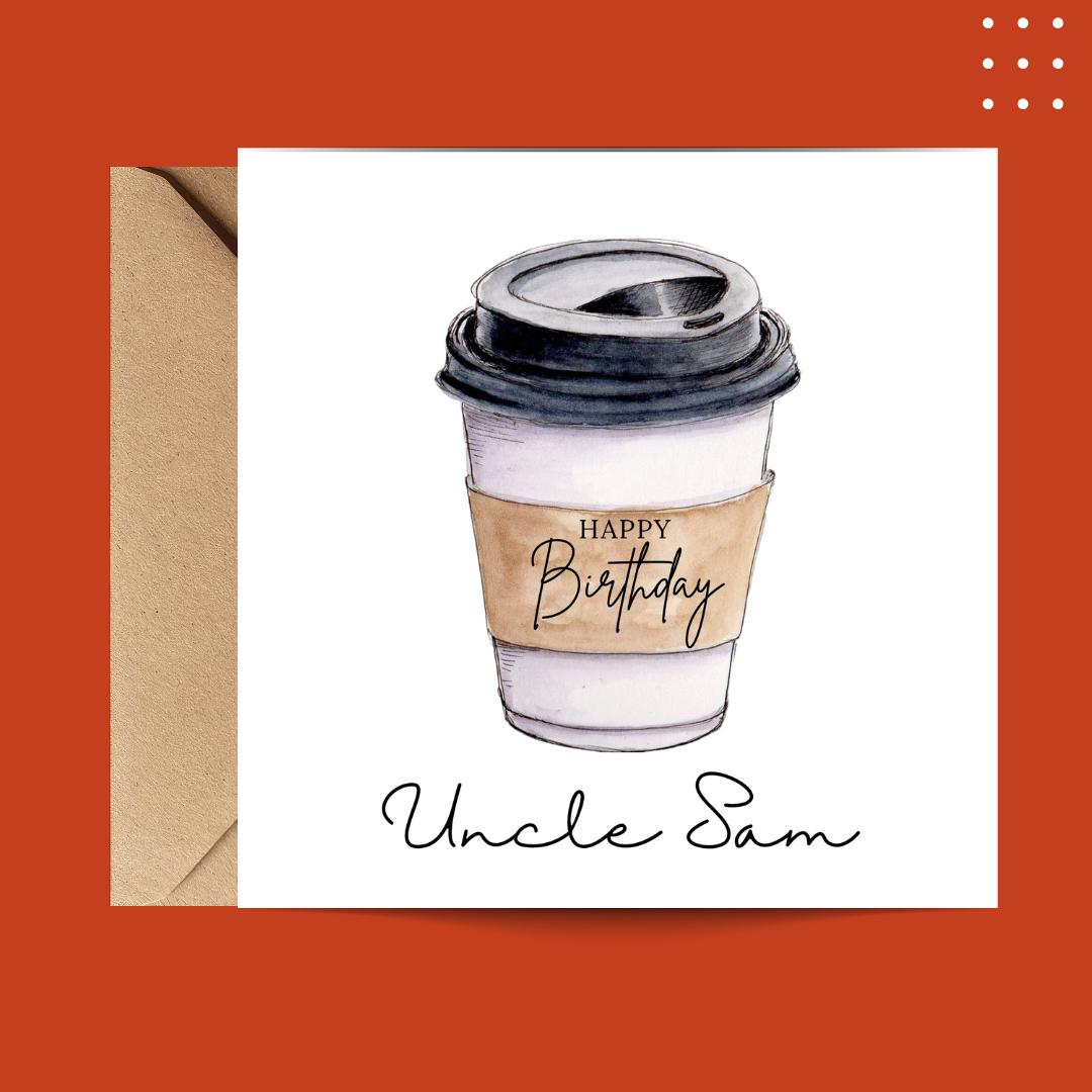 Personalised Minimalist Coffee Cup Birthday Card, Custom Name Unisex Design For Coffee Lovers