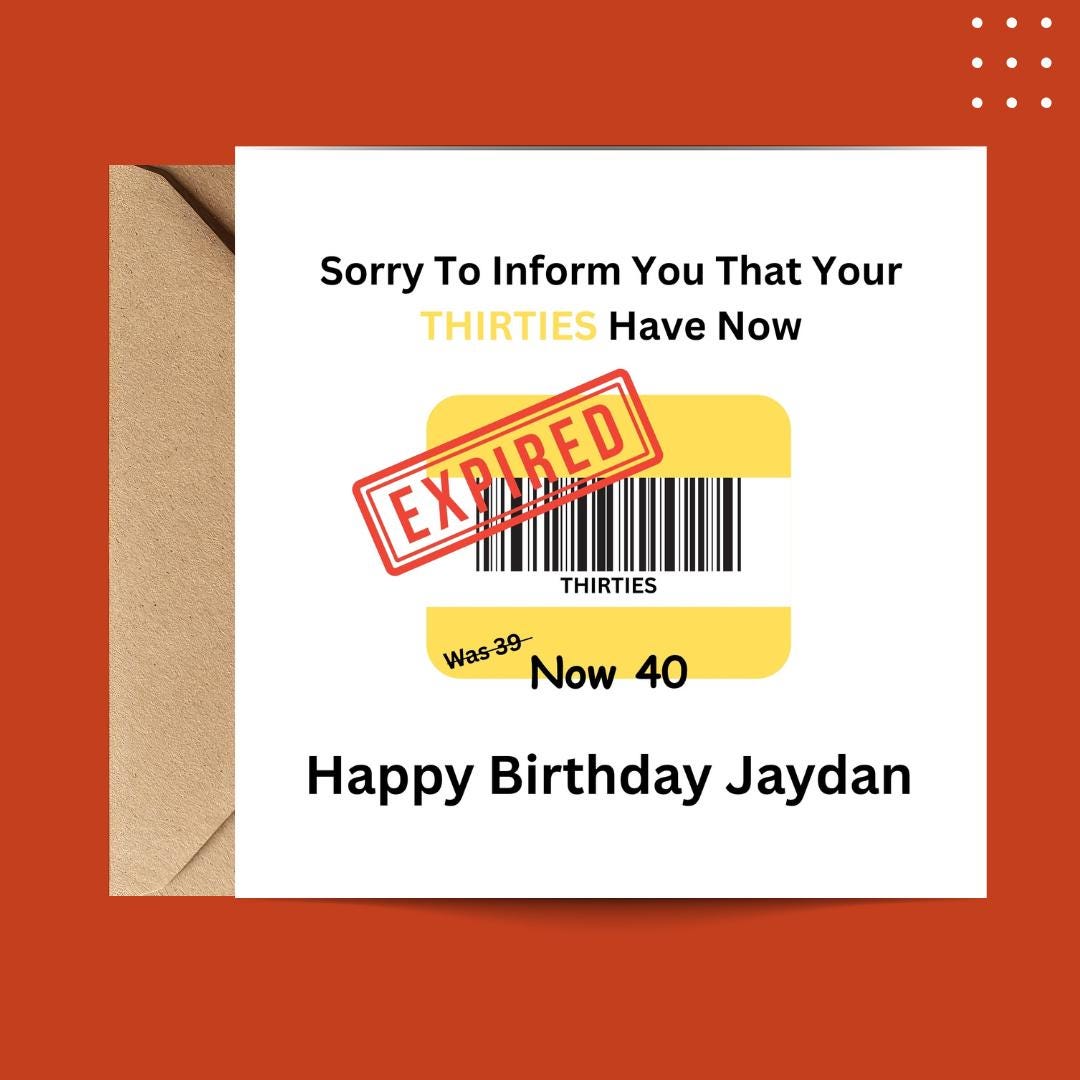 Funny 40th Birthday Card, Expired Thirties Humor, Unisex Milestone Greeting