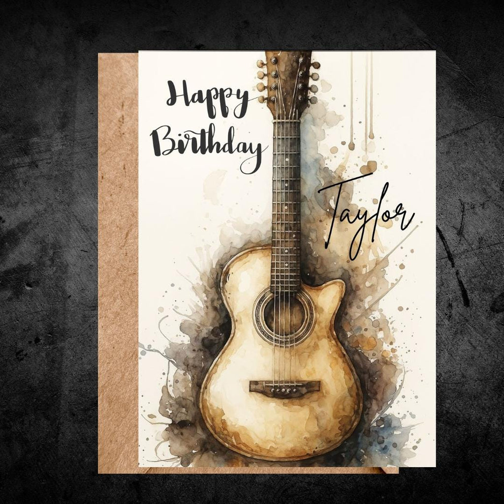 Music Birthday Card, Personalised Name Guitar Design Card for Brother, Friend, Son, Grandson