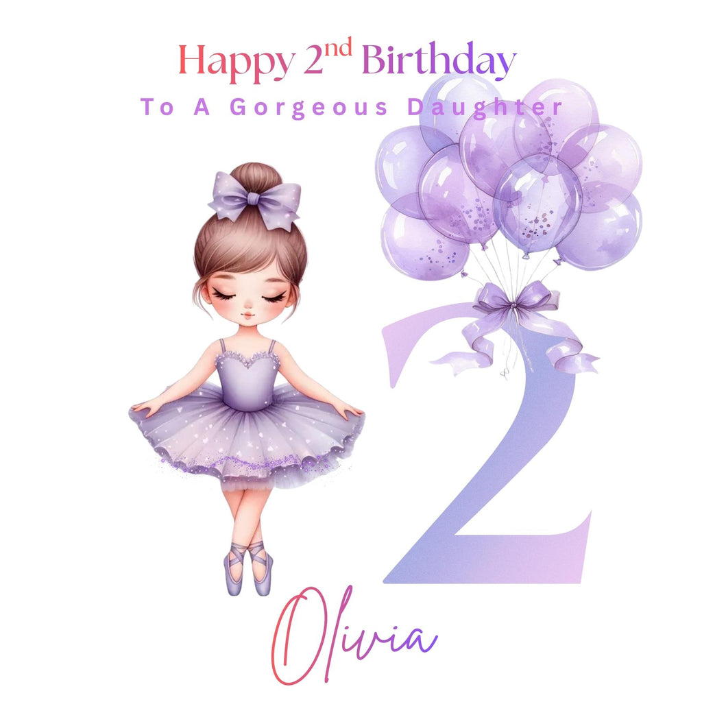 Personalized Ballerina 2nd Birthday Card, Purple Tutu Design, Daughter Niece Granddaughter