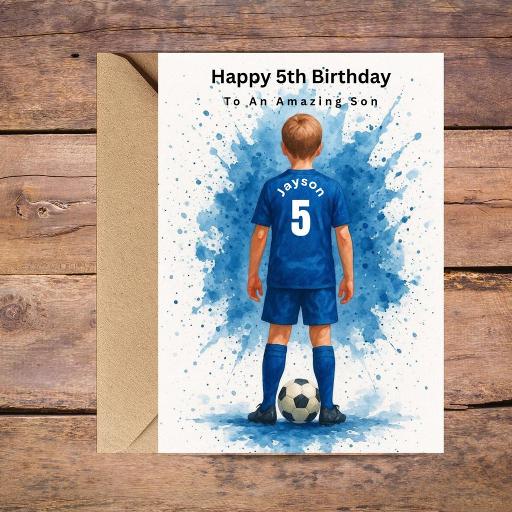 Personalized Football Birthday Card for Son, Custom Name Soccer Card, Age 5