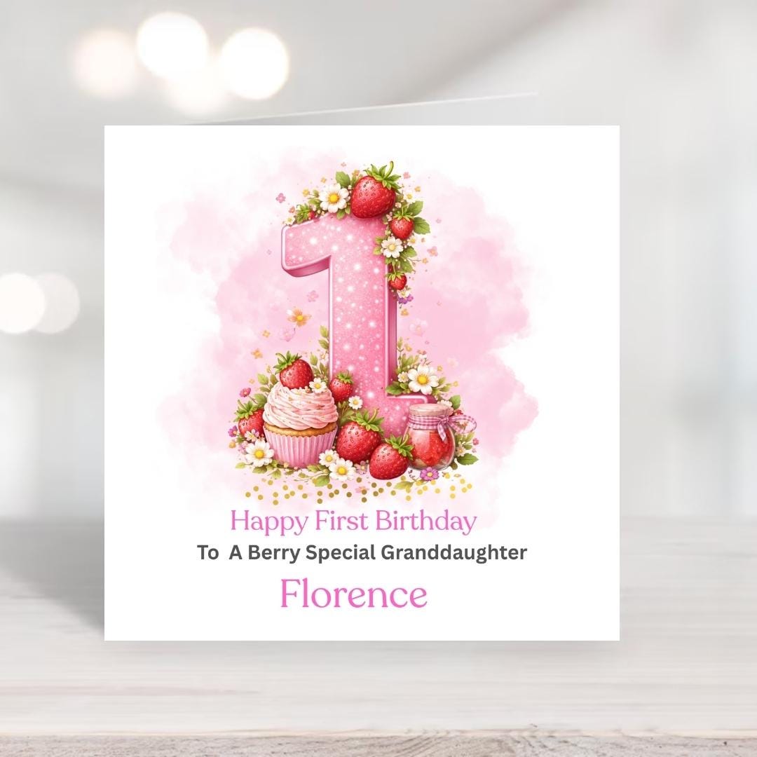 Personalized Berry 1st Birthday Card For Granddaughter, Daughter First Birthday Cards, Strawberry Number One