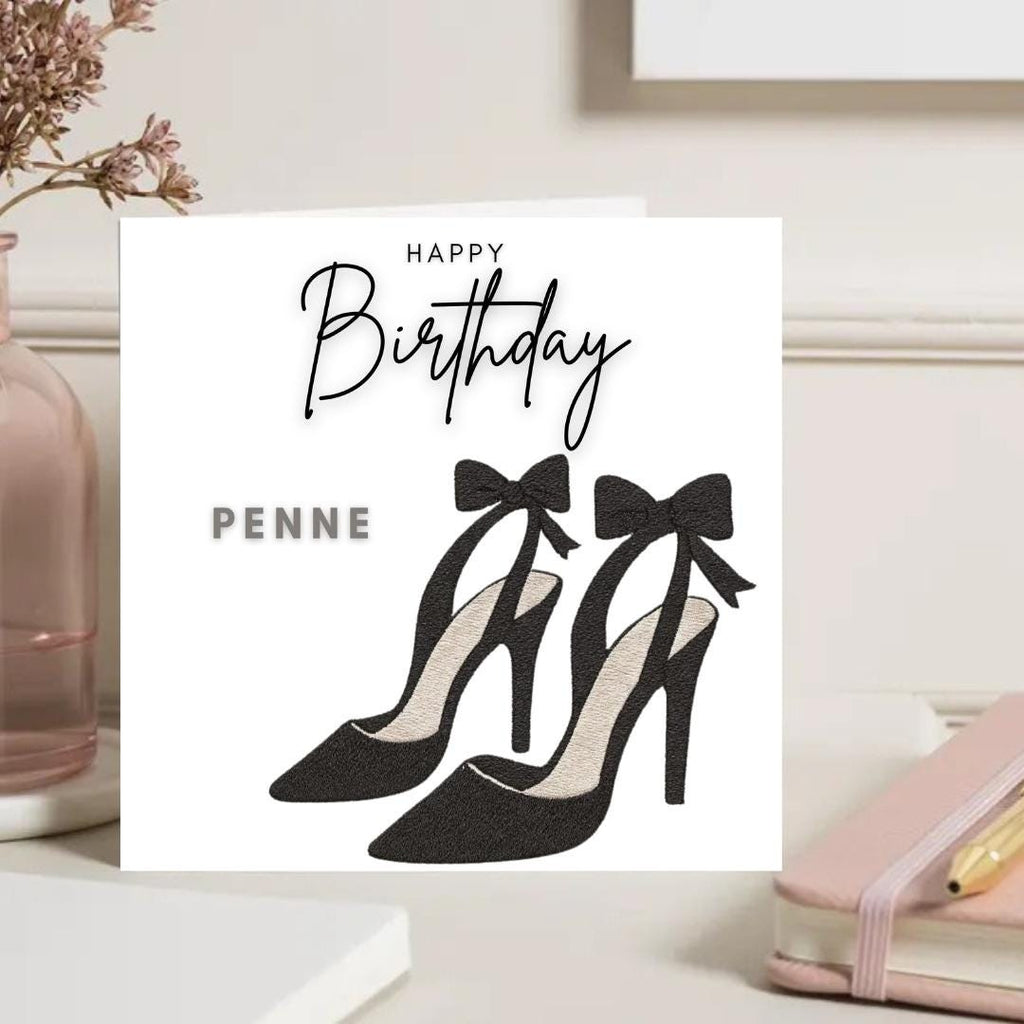 Personalised Birthday Card for Her Custom Name, Elegant Luxury High Heel Black Bow Shoes