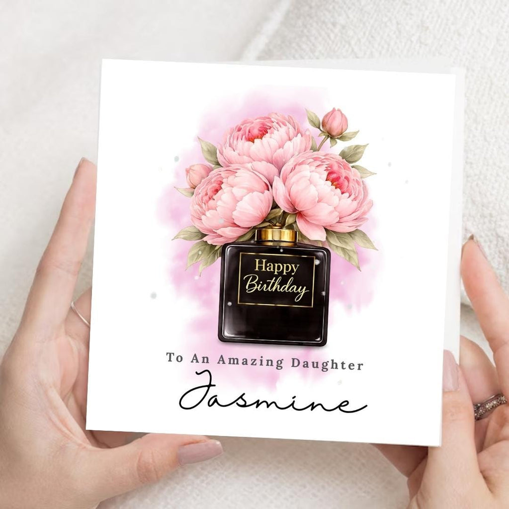 Personalised Birthday Card for Her, Custom Name Elegant Floral Perfume Bottle Design
