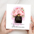 Personalised Birthday Card for Her, Custom Name Elegant Floral Perfume Bottle Design