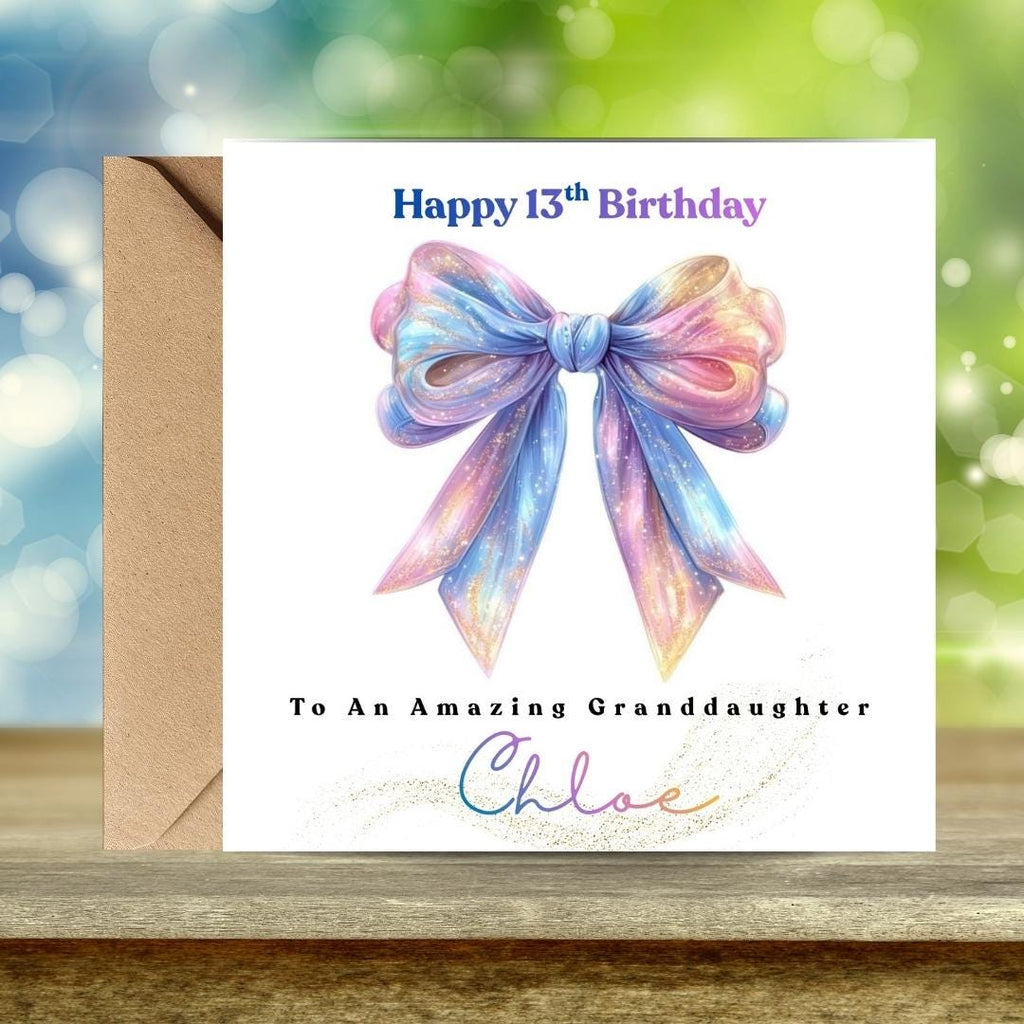 Coquette 13th Birthday Card, Custom Name Bow Design, Sister Daughter Granddaughter Greeting