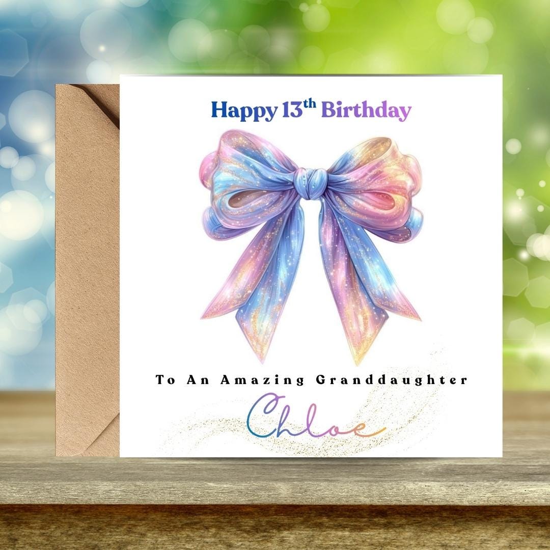 Coquette 13th Birthday Card, Custom Name Bow Design, Sister Daughter Granddaughter Greeting