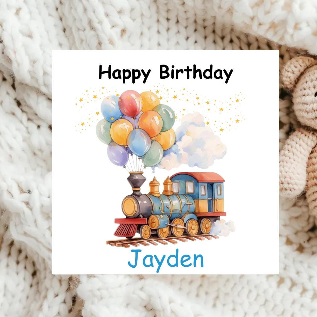 Personalized Train Birthday Card, Kids Name Keepsake