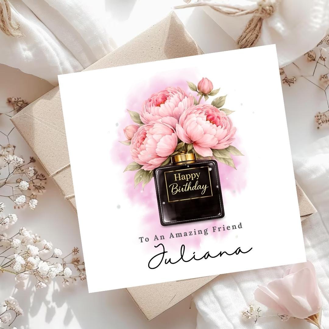 Personalised Birthday Card for Her, Custom Name Elegant Floral Perfume Bottle Design