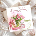 Personalized Pink Tulips Birthday Card, Elegant Fashion Heels Perfume Greetings