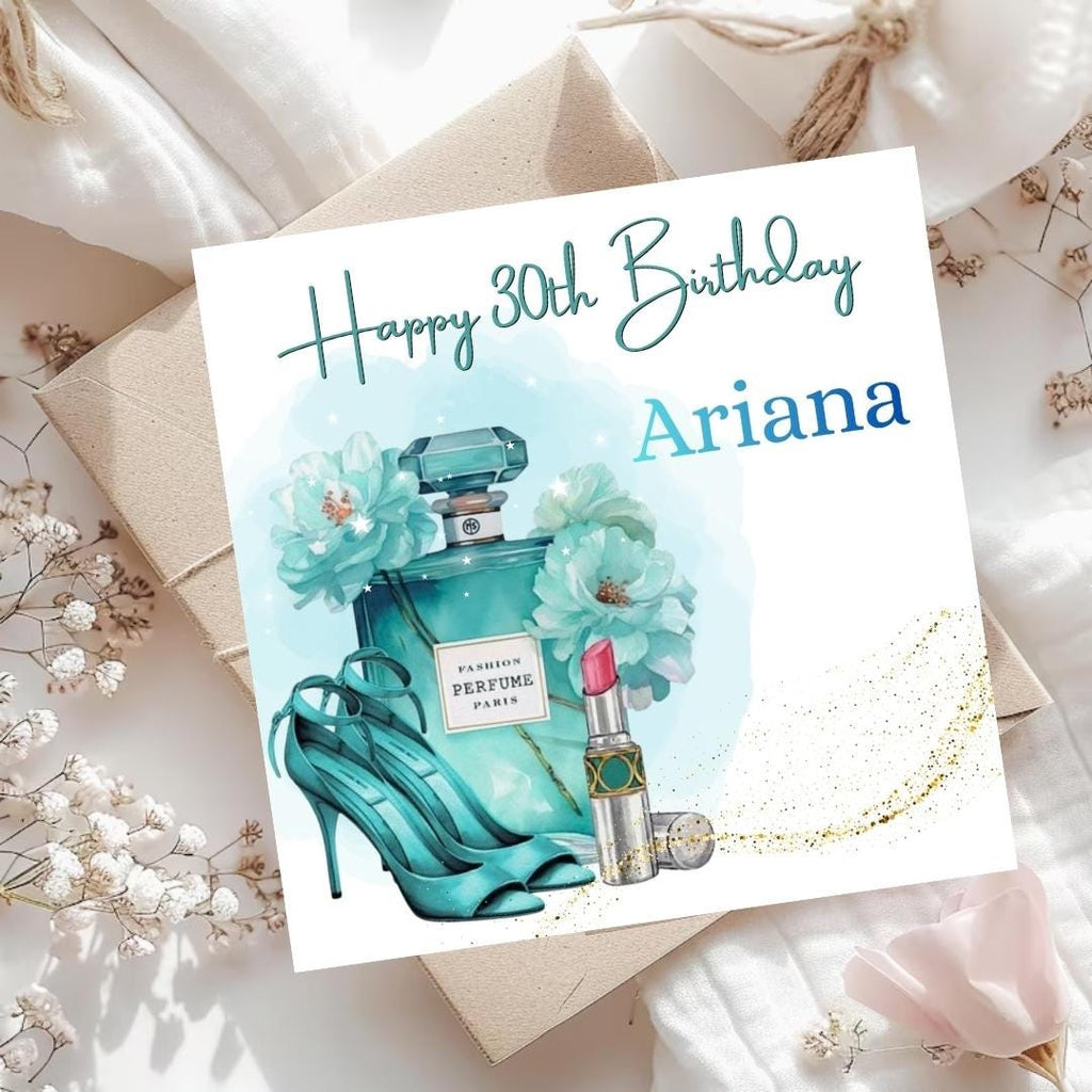 Personalized 30th Birthday Card In Elegant Fashion Perfume High Heels Design