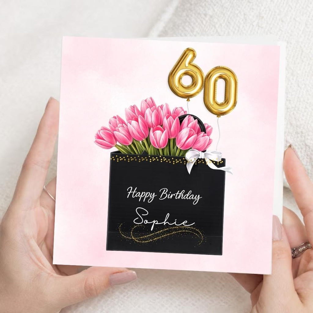Personalized 60th Birthday Card For Her, Floral Pink Tulips Elegant Fashion Gift Bag Greeting For Her