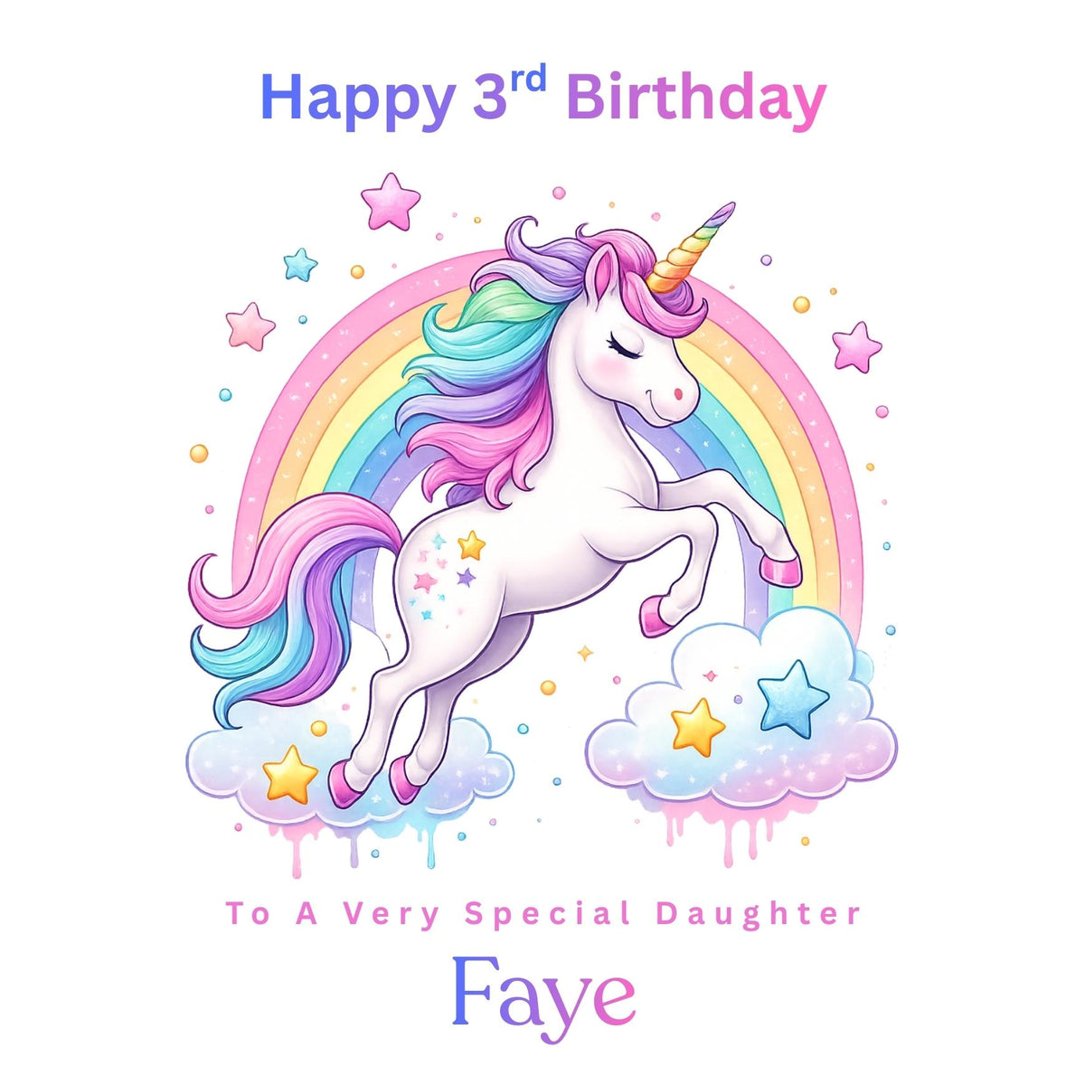 Personalised Unicorn 3rd Birthday Card for Daughter, Rainbow Unicorn Custom Name Age 3 Cards