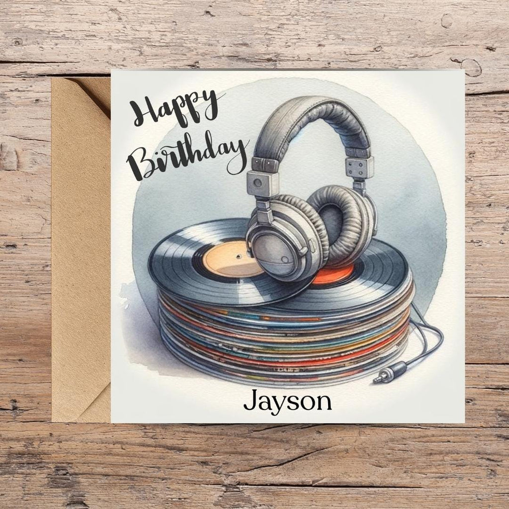 Personalized Music Lover Birthday Card, Vinyl Record & Headphones Design Custom Name, Teen Birthday Cards
