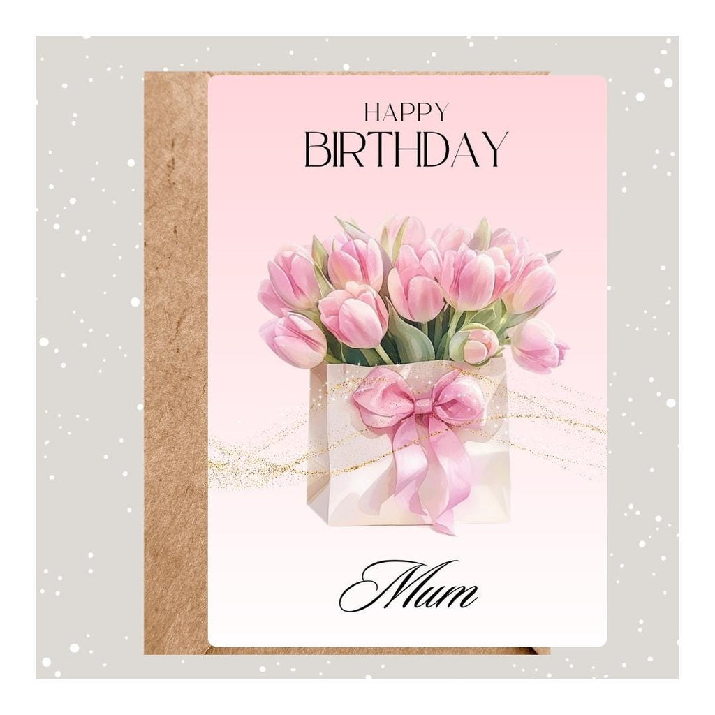 Personalized Floral Pink Tulips Birthday Card For Mum, Elegant Mothers Birthday Gift