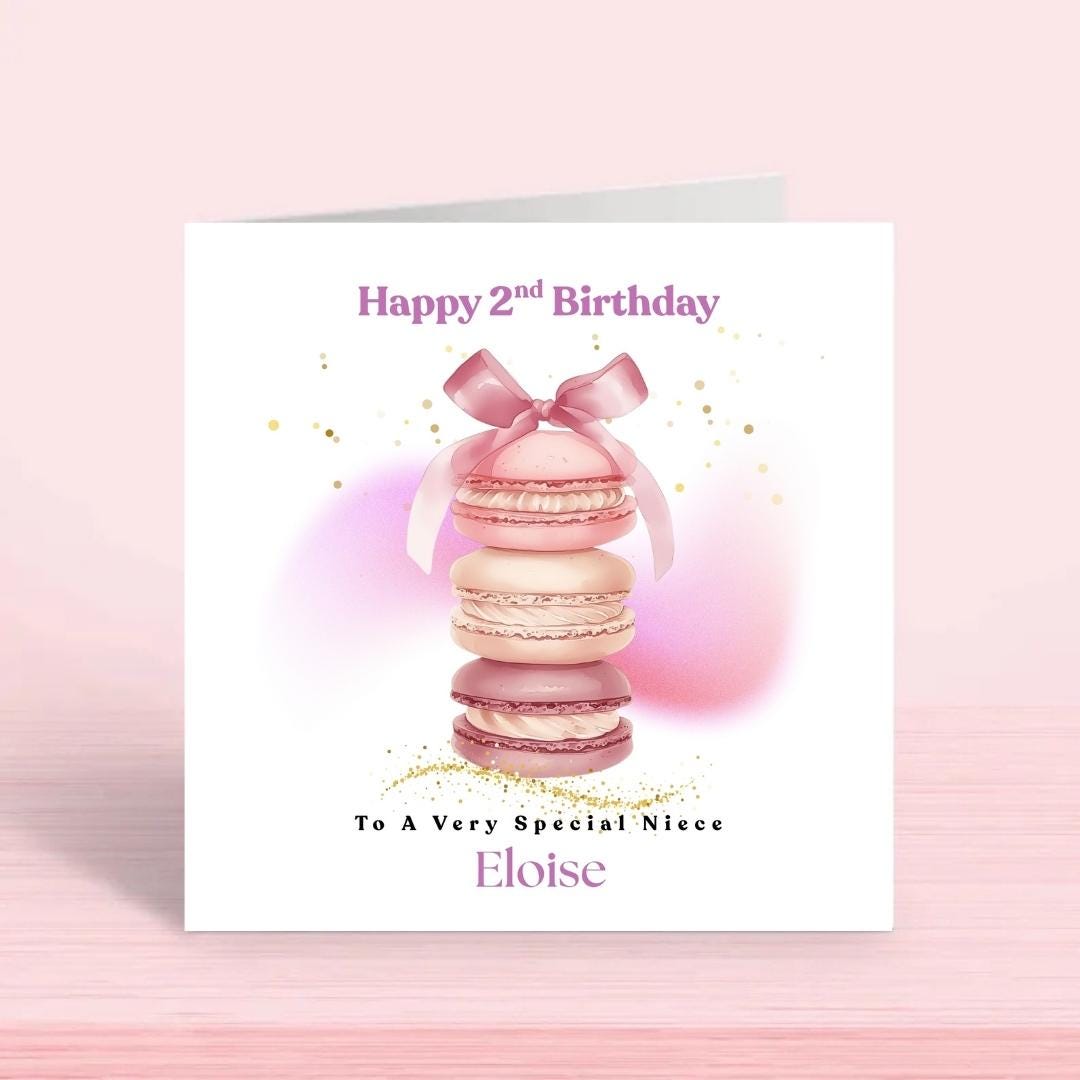 Personalized 2nd birthday card for Granddaughter, Pastel Macaroon Bow Design Baby Girl Card