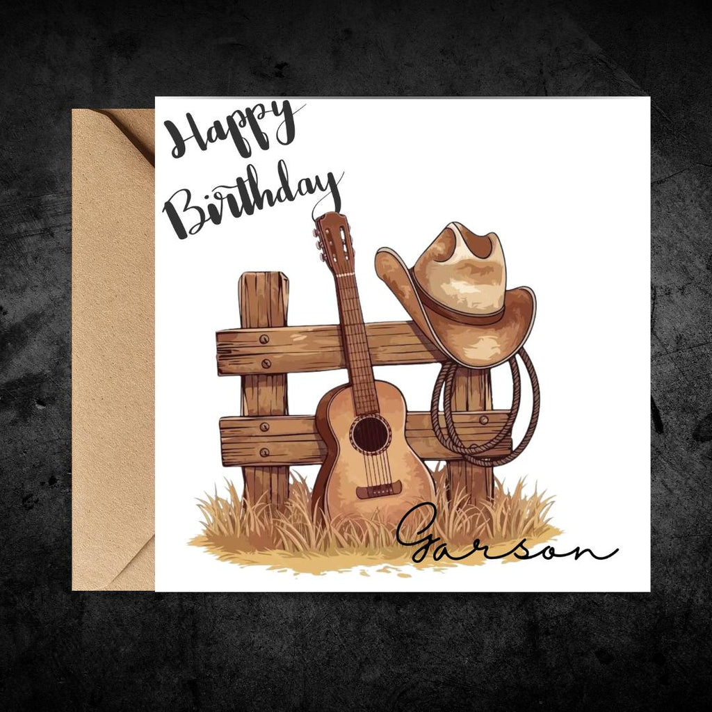 Personalised Cowboy Birthday Card, Rustic Western Guitar Hat Design, Custom Name For Him