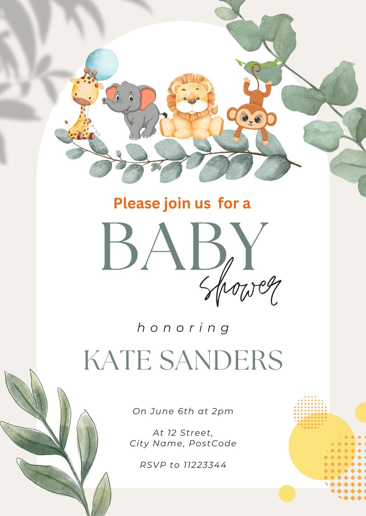 Baby Shower Invitation Template, Jungle Safari Baby Animals Shower Invite, Editable Gender Neutral Baby Shower, Digital Download