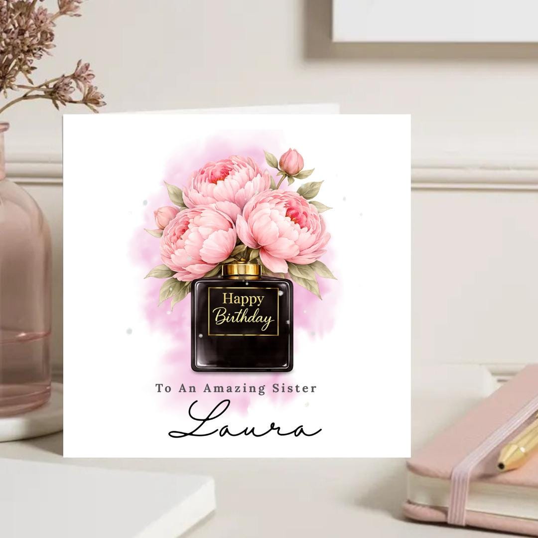 Personalised Birthday Card for Her, Custom Name Elegant Floral Perfume Bottle Design