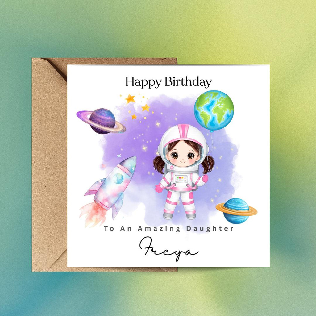 Personalized Astronaut Birthday Card – Space Rocket, Planets, Custom Age (For Girls)