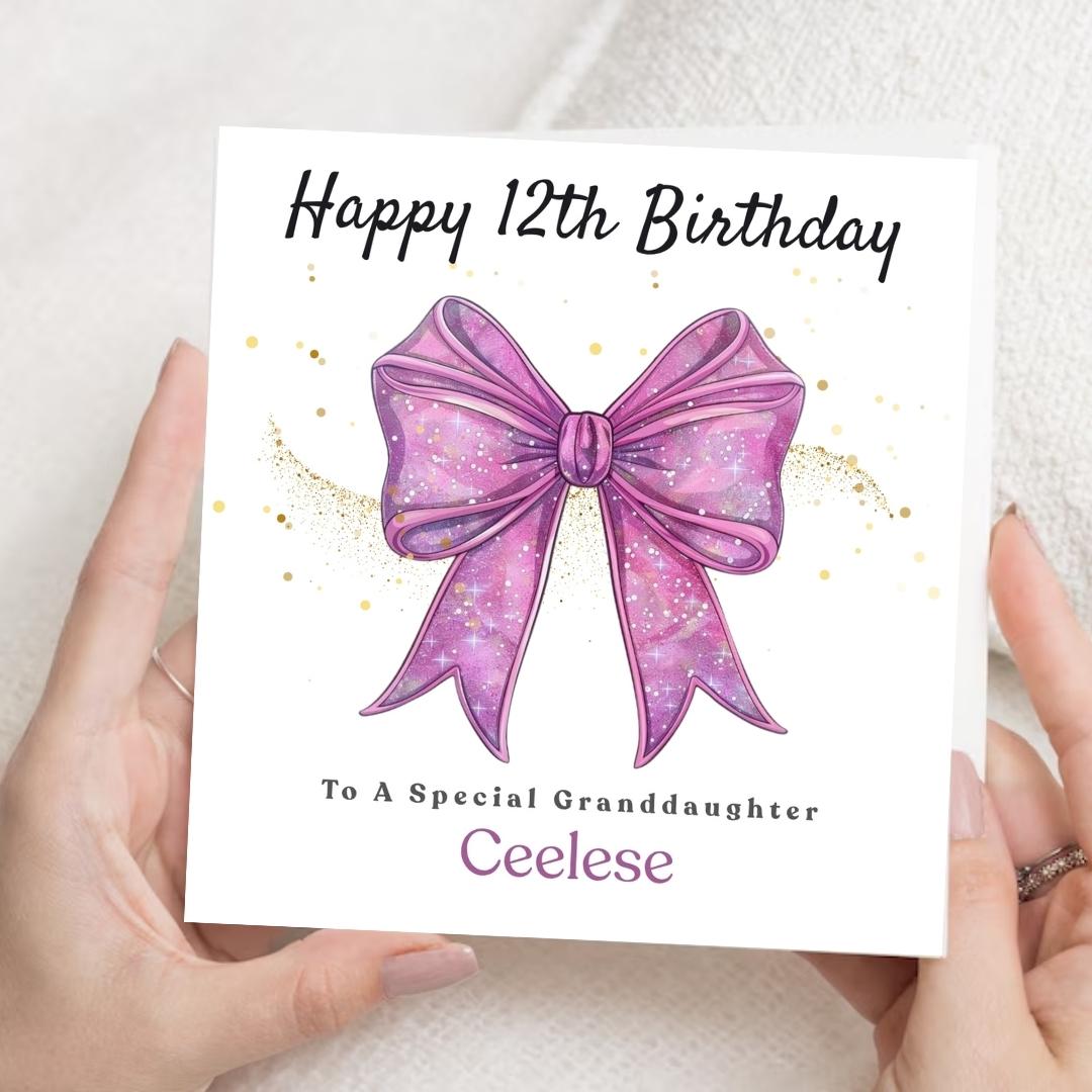 Personalized 12th Birthday Card, Pink Coquette Bow, Gold Sparkles, Daughter Sister Keepsake