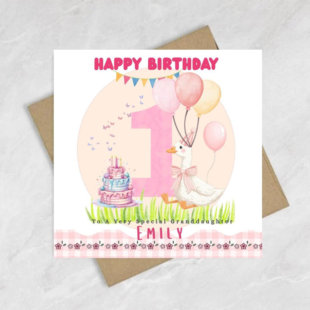Personalised Goose 1st Birthday Card: Daughter, Granddaughter, Goddaughter, Niece