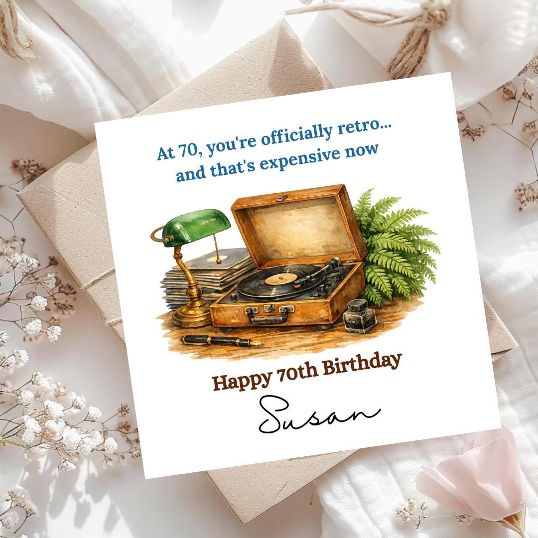 Funny 70th Birthday Card for Wife, Personalised Retro Vinyl Record Birthday Card For Husband