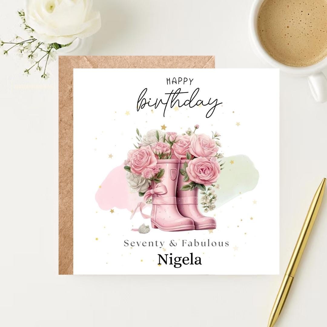 Personalized 70th Birthday Card, Gardener Pink Wellies Floral Rose Design Keepsake Milestone