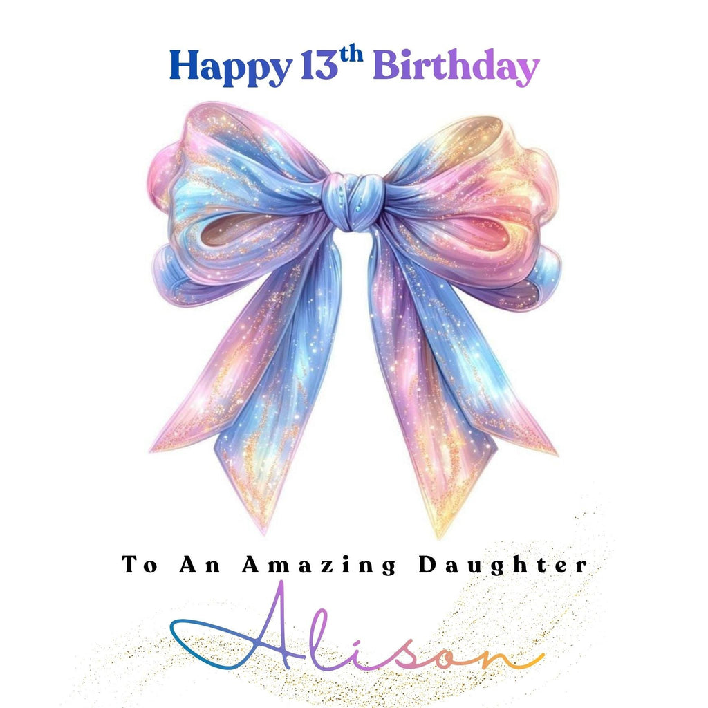 Coquette 13th Birthday Card, Custom Name Bow Design, Sister Daughter Granddaughter Greeting